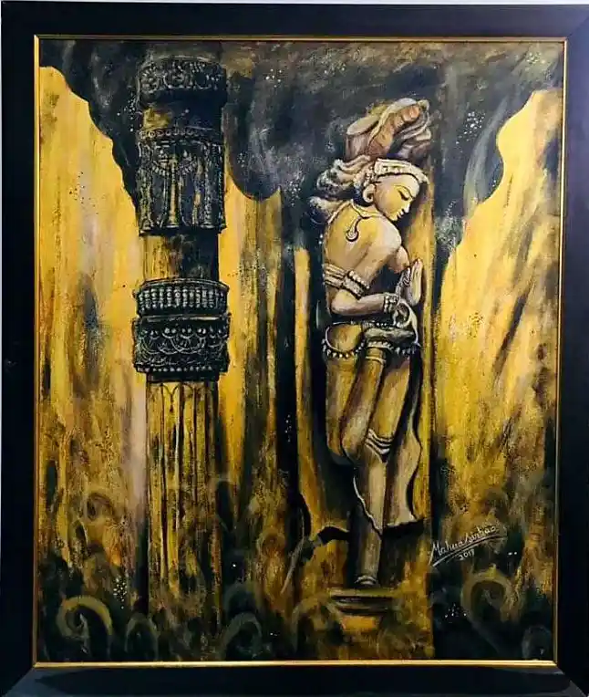 Apsara with Pillar, Acrylic, Realistic, Impressionism, Religious, Home decor, Wall decor, Artwork, Handpainted, Art, Painting, VistaPallette